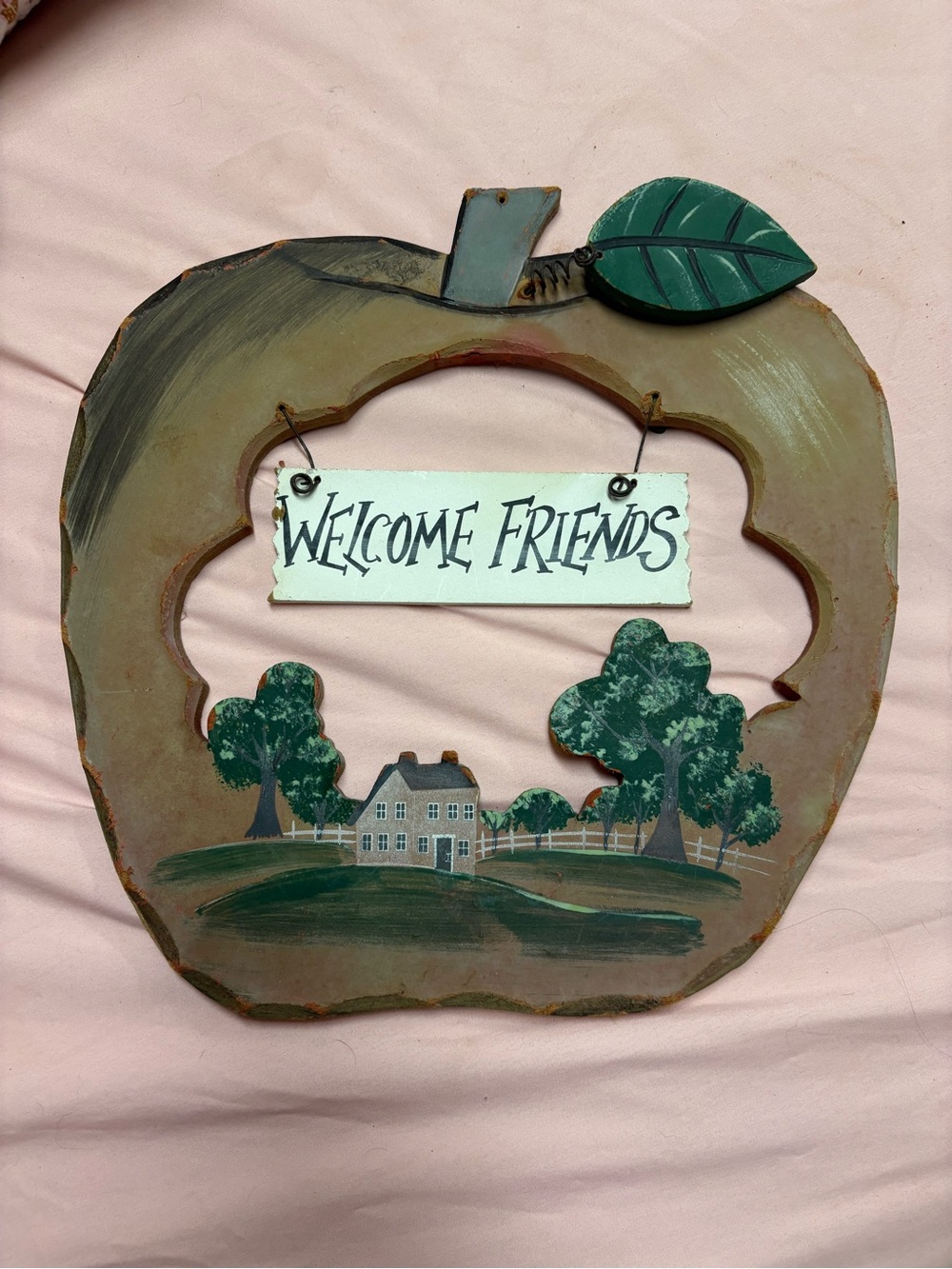 Primitive Wooden Apple Welcome Friends Sign Country Farmhouse Wall Decor
